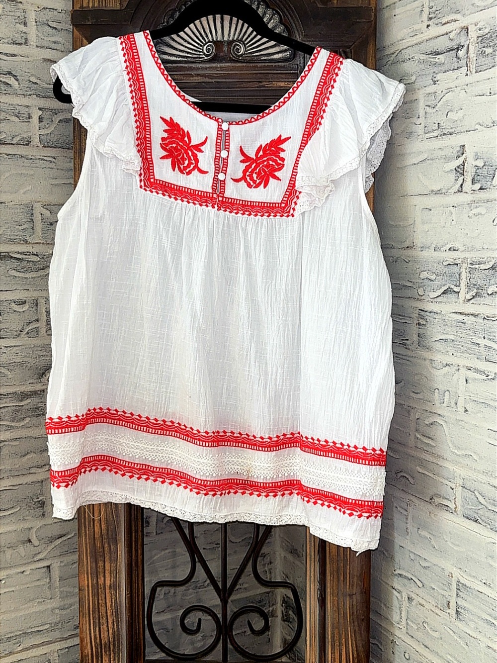 White Tunic Top with Red Embroidered Yoke